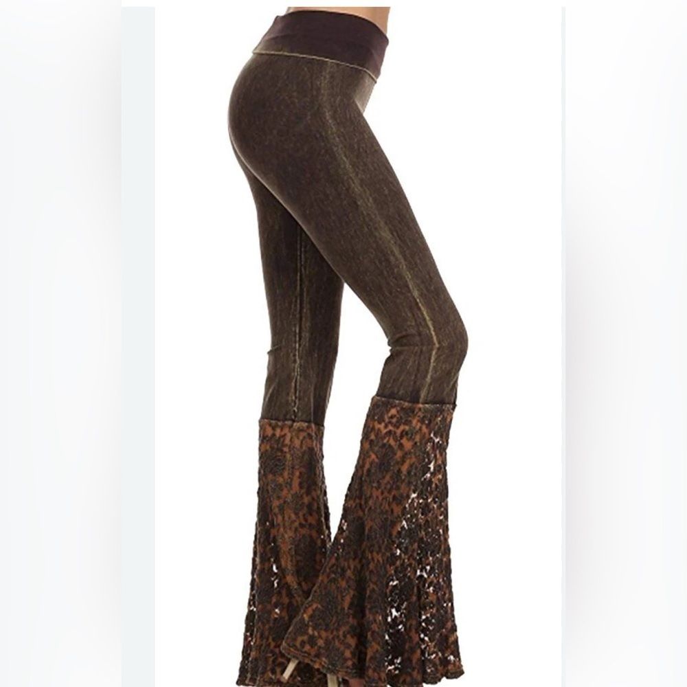 T Party Boho Yoga Pants Brown Distressed Bell Bottom Fleece Flare Leggings